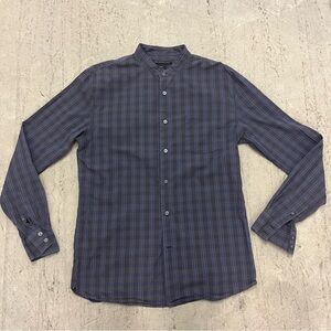 John Varvatos USA Mens L Blue Plaid Collarless Long Sleeve Button Down LUXE